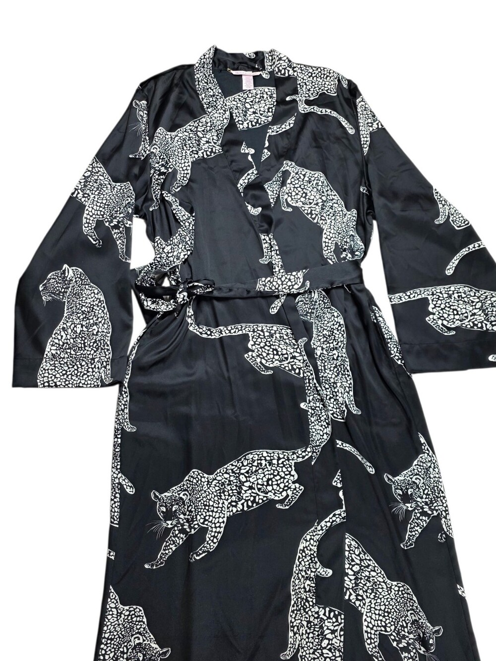Victoria's Secret Satin Long Robe Black with Leopard Print XS - Picture 5 of 16